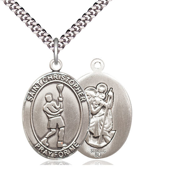 Lacrosse / St. Christopher Medal, Sterling Silver, 3/4", Your Choice of Chain, # 7873
