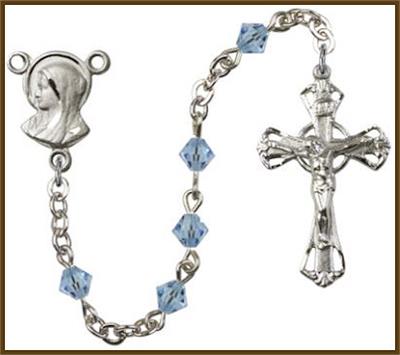 Silver Plate 5mm Rundell Swarovski Rosary, Aqua, # 7879