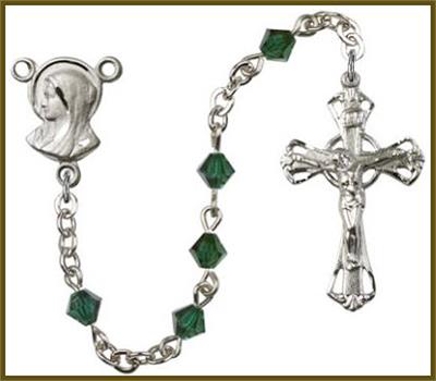Silver Plate 5mm Rundell Swarovski Rosary, Emerald, # 7880