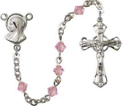 Silver Plate 5mm Rundell Swarovski Rosary, Light Rose, # 7883