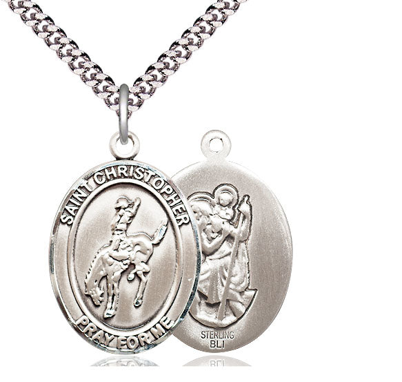 Rodeo / St. Christopher Medal, Sterling Silver, 3/4", Your Choice of Chain, # 7887