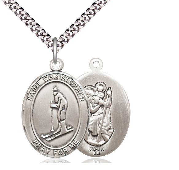 Skiing / St. Christopher Medal, Sterling Silver, 3/4", Your Choice of Chain, # 7897