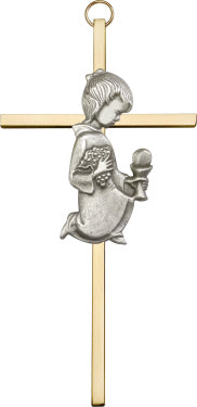 Girl 1st Communion Cross 6", Antique Silver Figure on Polished Brass, # 1692