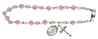 Silver Finish 5mm Rundell Swarovski Rosary Bracelet, Light Rose, # 7905
