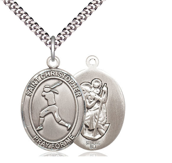 Women's Softball / St. Christopher Medal, Sterling Silver, 3/4", Your Choice of Chain, # 7910