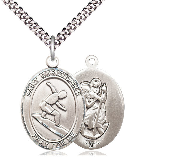Surfing / St. Christopher Medal, Sterling Silver, 3/4", Your Choice of Chain, # 7911