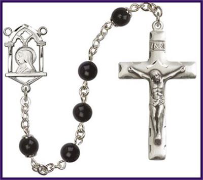 6mm Black Onyx Bead Rosary, Silver Finish, # 7917