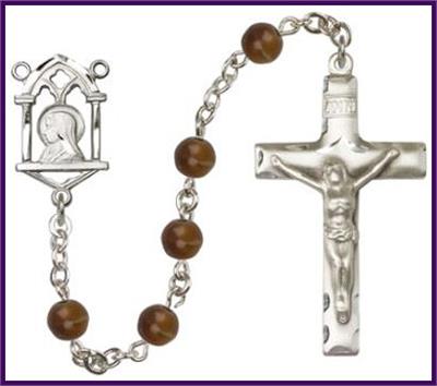 6mm Tiger Eye Bead Rosary, Silver Finish, # 7919