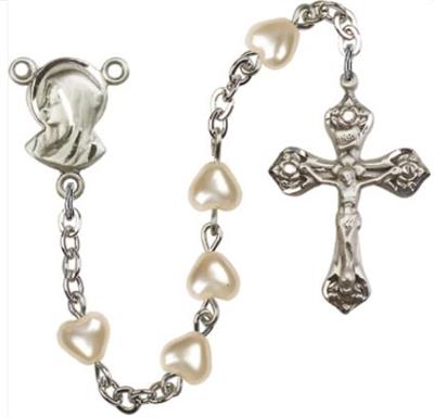 Faux Pearl Heart Rosary, Silver Finish, # 7930