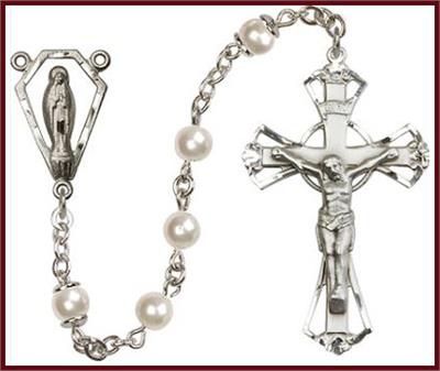 6mm Faux Pearl Bead Rosary, Sterling Crucifix and Center, # 7932