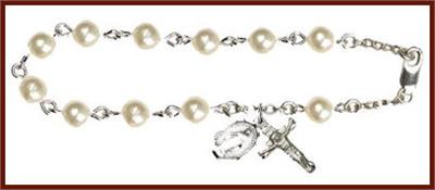 Sterling Silver &6mm Faux Pearl Bead Rosary Bracelet, Made in USA # 7934