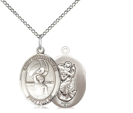 Men's Water Polo / St. Christopher Medal, Sterling Silver, 3/4", Your Choice of Chain, # 7941