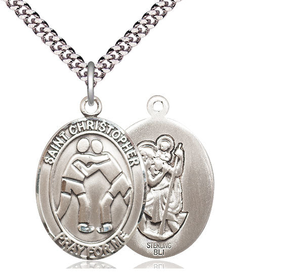 Wrestling / St. Christopher Medal, Sterling Silver, 3/4", Your Choice of Chain, # 7943