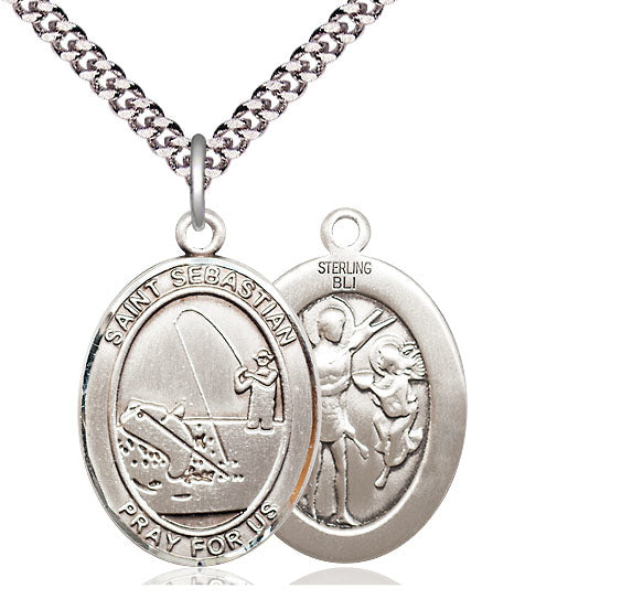 Fishing / St. Sebastian Medal, Sterling Silver, 3/4", Your Choice of Chain, # 7968
