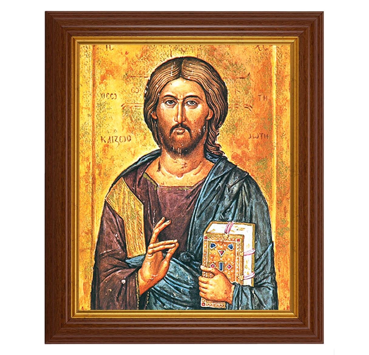 Christ The Teacher Icon, 10.5"x12.5" Walnut Finished Fluted Frame, Gold Beaded Lip, Italian Print # 26967