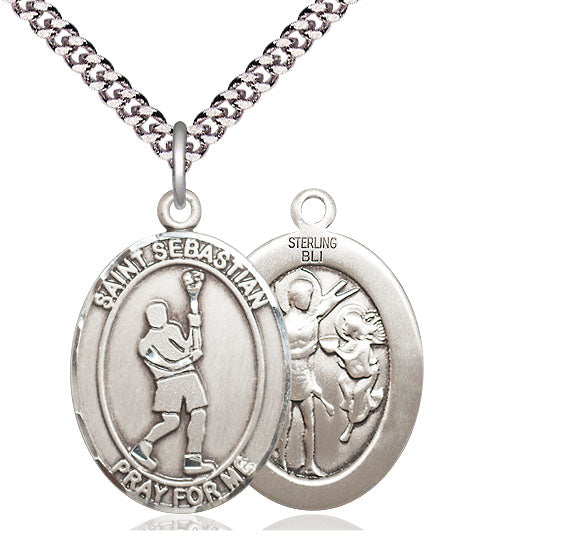 Lacrosse / St. Sebastian Medal, Sterling Silver, 3/4", Your Choice of Chain, # 7979