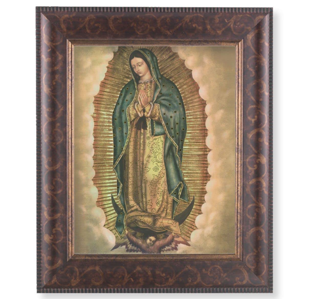 Our Lady of Guadalupe Picture, 11-1/4"x13-1/4, Antique Gold & Espresso Frame, Italian Print Under Glass # 25944