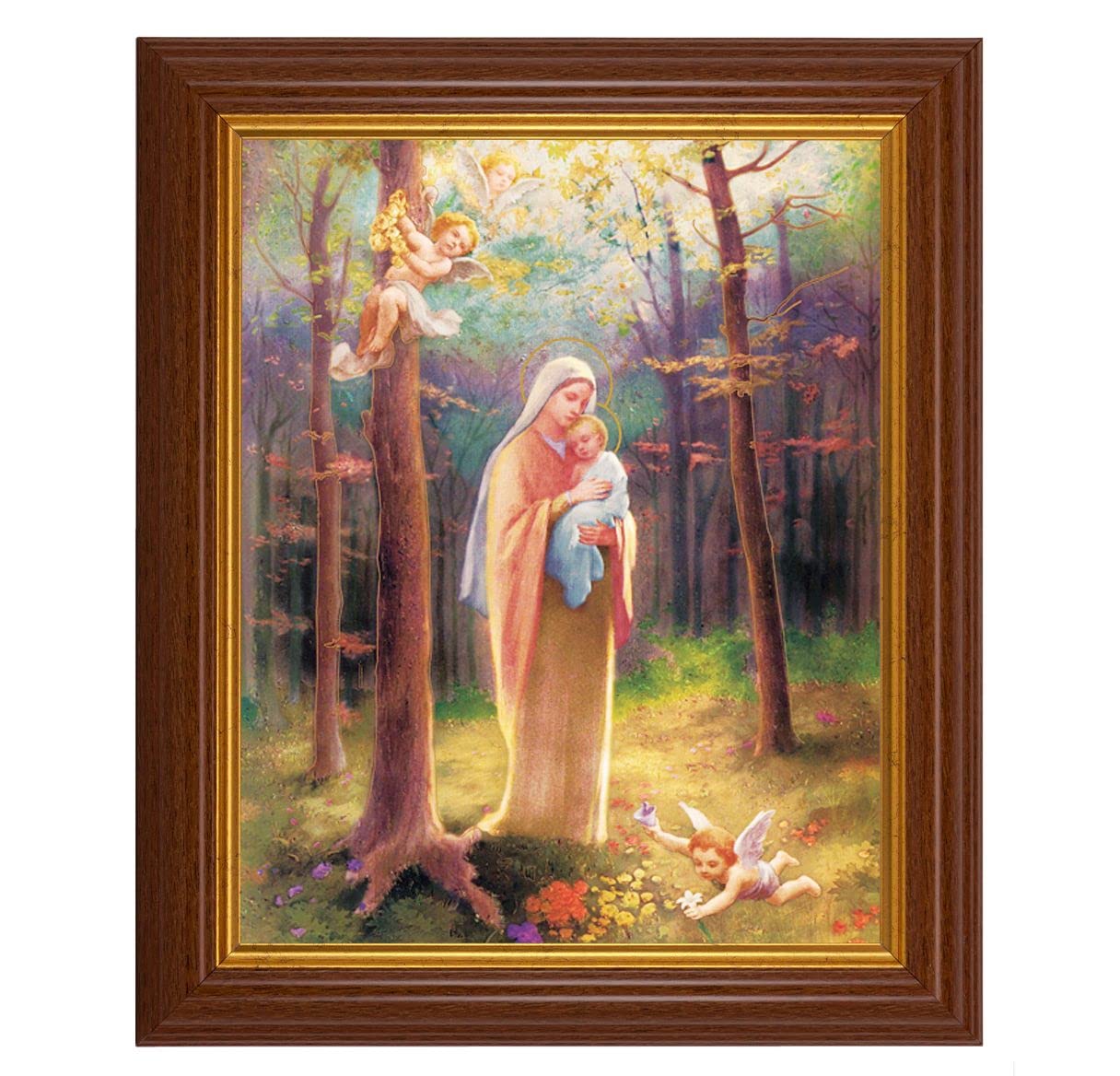 Madonna of The Woods, 10.5"x12.5" Walnut Finished Fluted Frame, Gold Beaded Lip, Italian Print # 27023