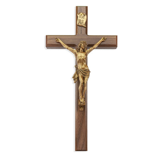 Walnut Wood Wall Crucifix, Antique Bronze Finish, 15" # 2003