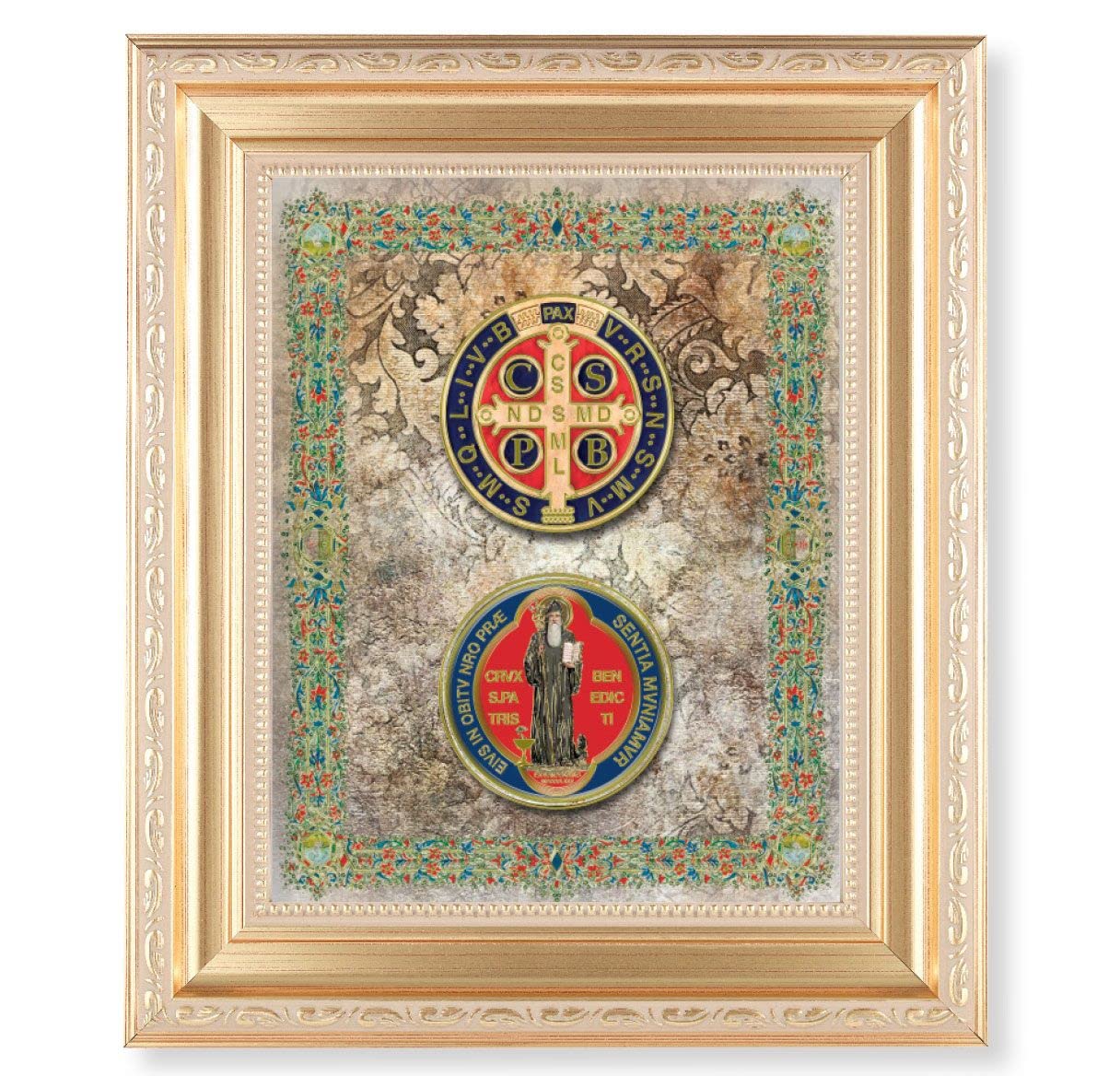 St. Benedict Medal Picture, 11.5"x13.5" Satin Gold Frame, Distressed Finish with Scrollwork, Gold-Stamped Print Under Glass # 26568