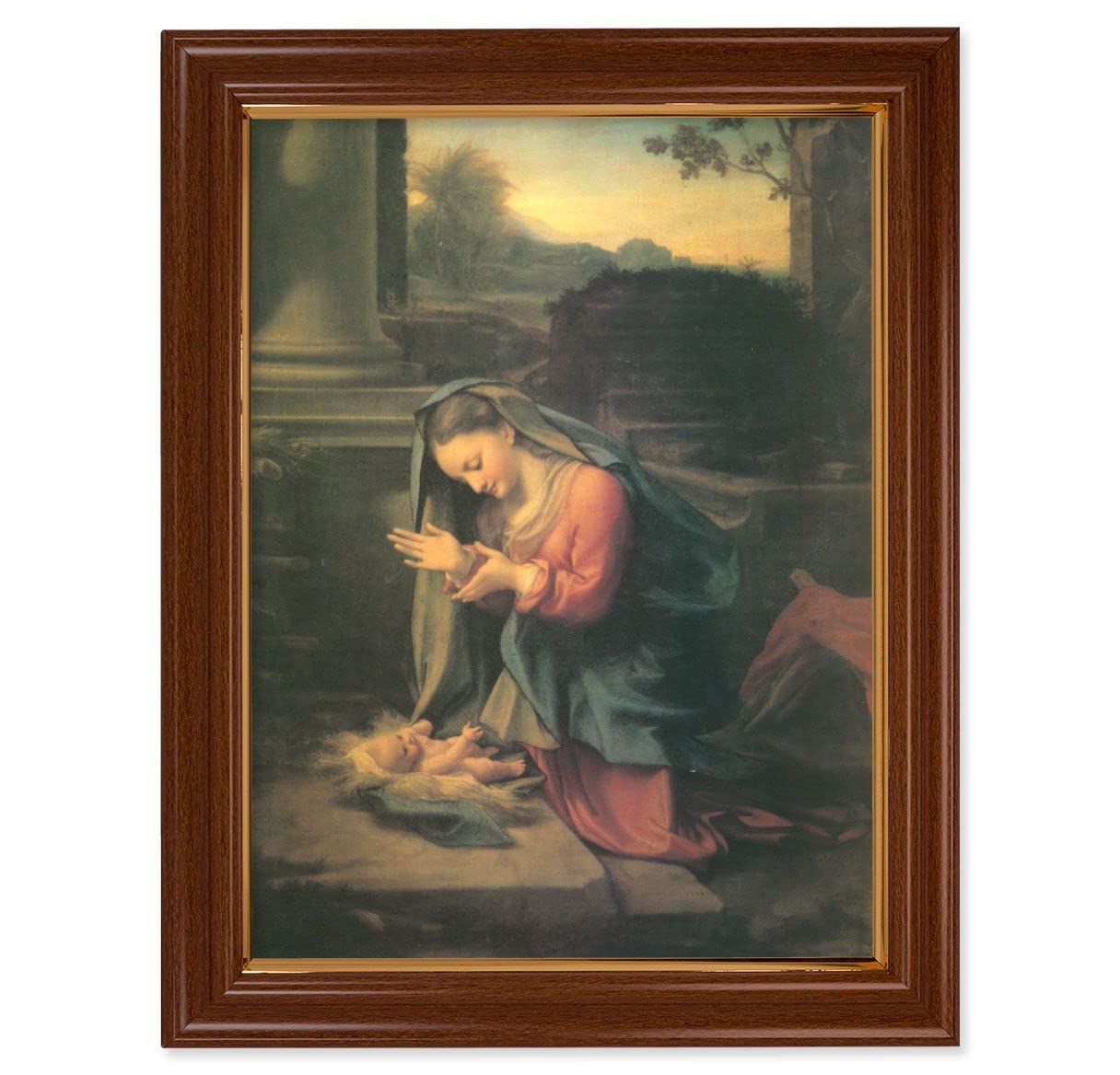 Corrreggio Our Lady Worshipping Child, 15-1/2"x19-1/2 Walnut Finish Frame with Thin Gold Lip, Textured Italian Print # 22234