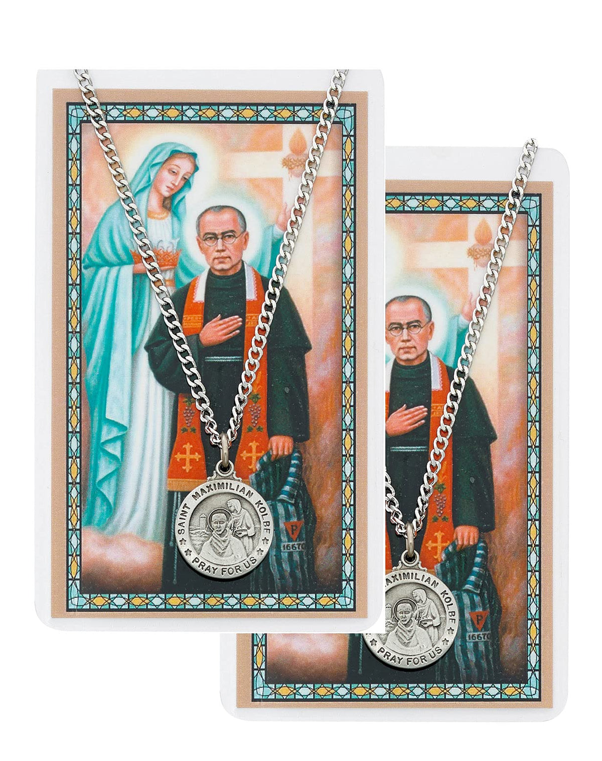 St. Maximilian Kolbe Pewter Medal with Laminated Holy Card, 24" Chain, 2-Count Value Pack. # 21371
