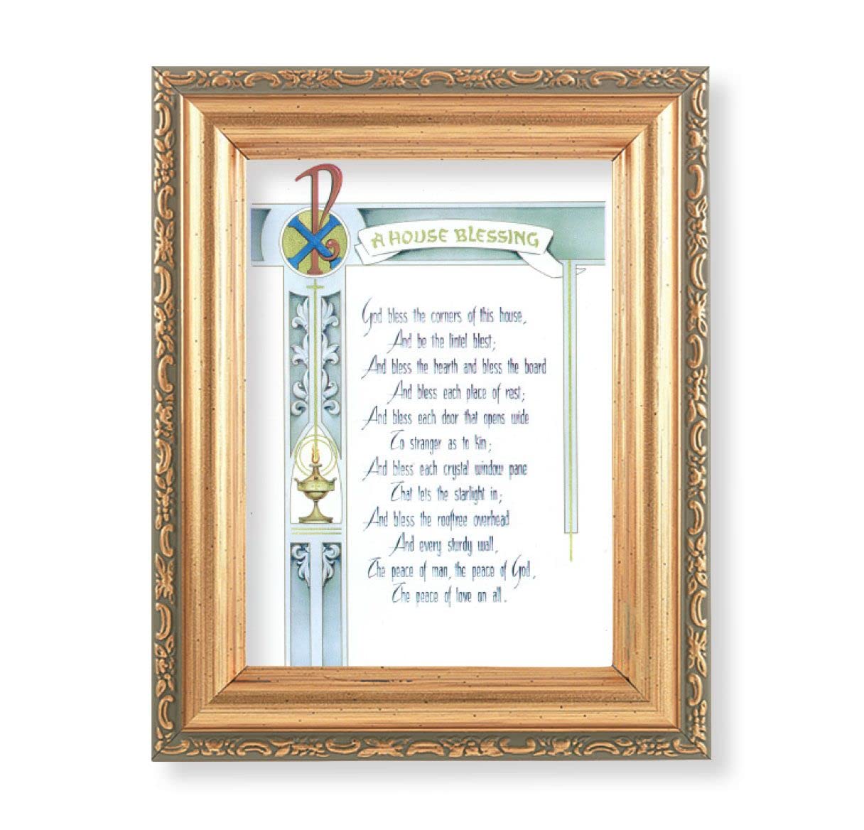 A House Blessing Picture, Antique Gold 5-1/2"x7 Frame with Acanthus-Leaf Edging Under Glass # 28197