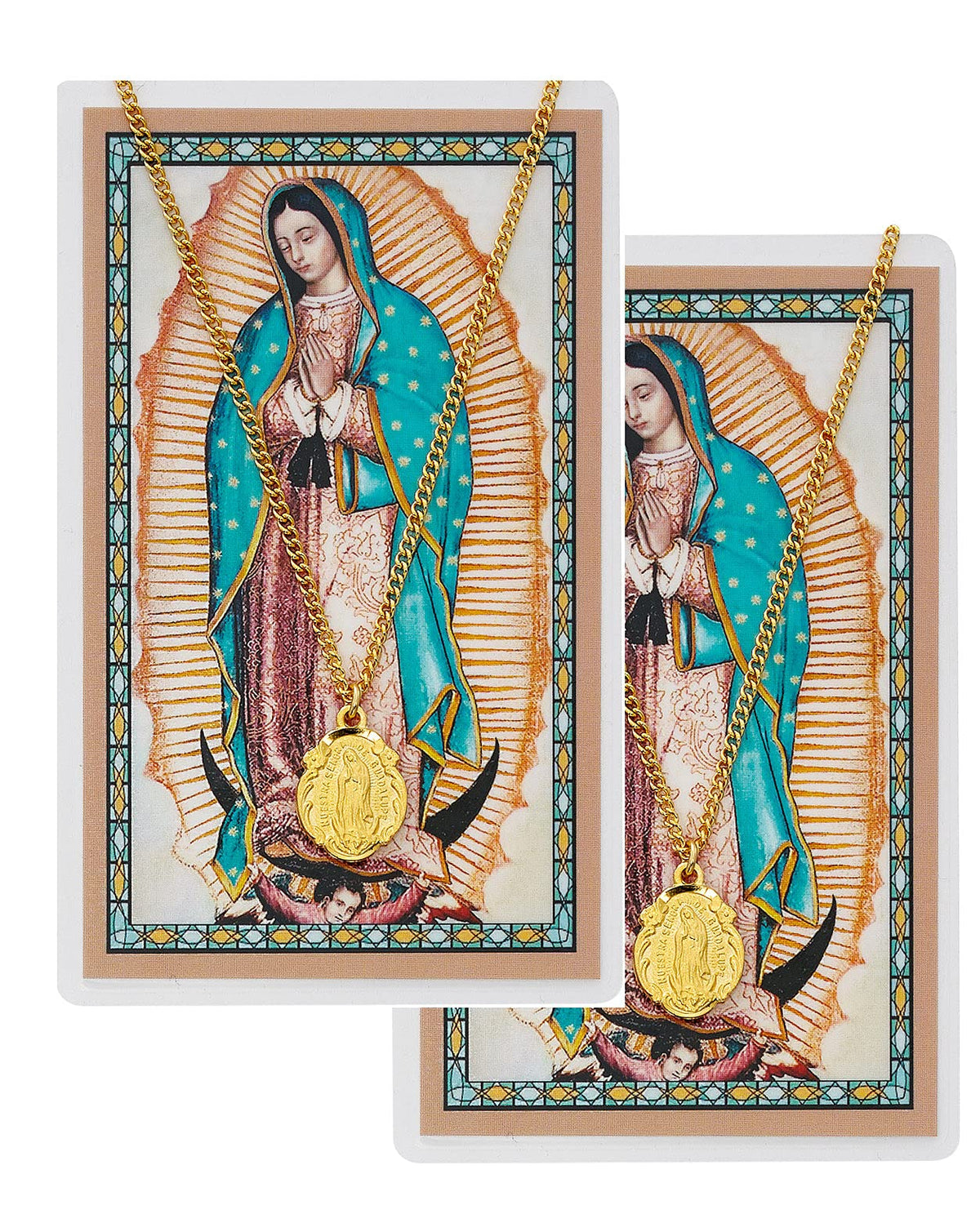 Our Lady of Guadalupe Gold Plate Pewter Medal with Laminated Holy Card, 18" Chain, 2-Count Value Pack. # 21362
