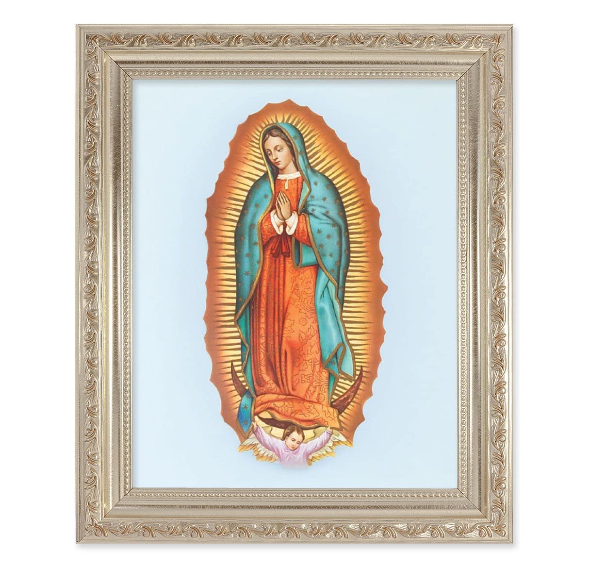Our Lady of Guadalupe, 10"x12" Antique Silver & Carved Scrollwork Frame, Italian Print Under Glass # 26802