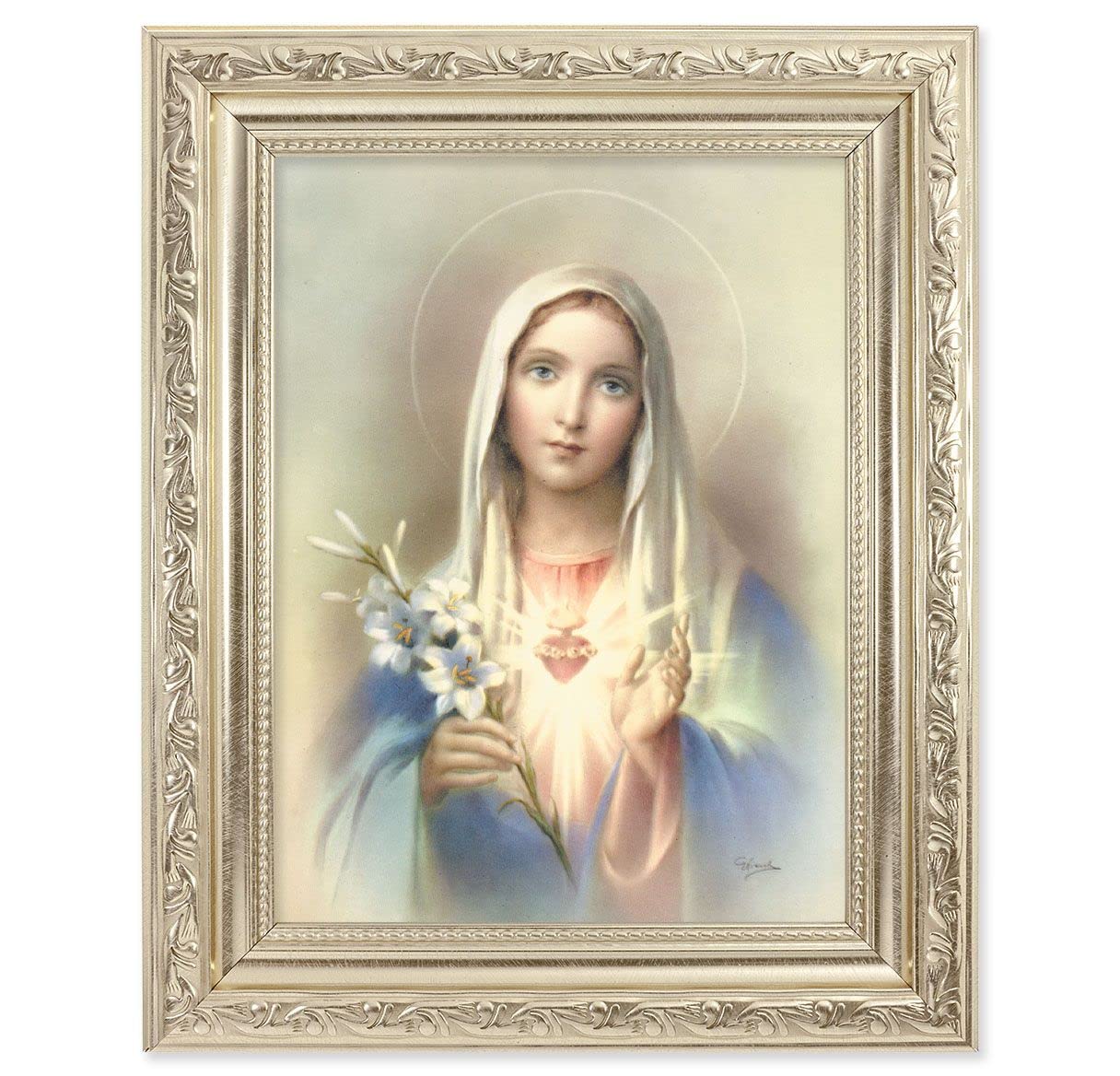 Immaculate Heart of Mary Picture, 8-1/4"x10-1/4 Antique Silver Finish with Acanthus Leaf Detail Under Glass # 27881