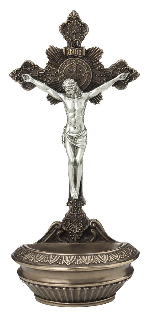 9.5" St. Benedict Crucifix Holy Water Font, Cold Cast Bronze with Pewter Finish, # 8288