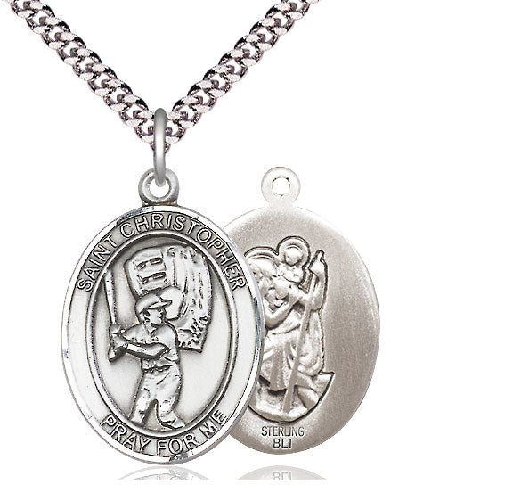 Baseball / St. Christopher Medal, Sterling Silver, 3/4", Your Choice of Chain, # 8014