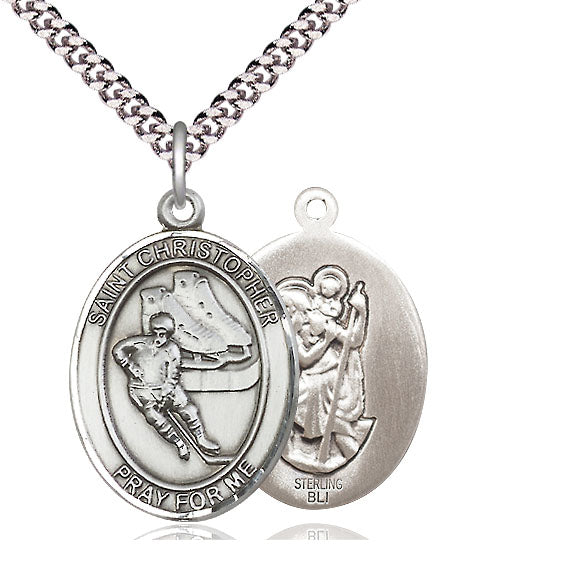 Hockey / St. Christopher Medal, Sterling Silver, 3/4", Your Choice of Chain, # 8023