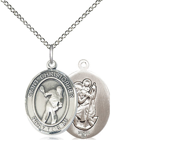 Lacrosse / St. Christopher Medal, Sterling Silver, 3/4", Your Choice of Chain, # 8026