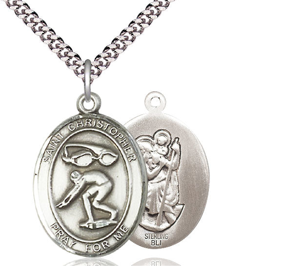 Swimming / St. Christopher Medal, Sterling Silver, 3/4", Your Choice of Chain, # 8029