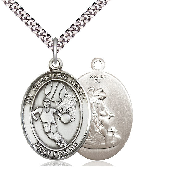 Basketball / Guardian Angel Medal, Sterling Silver, 3/4", Your Choice of Chain, # 8035