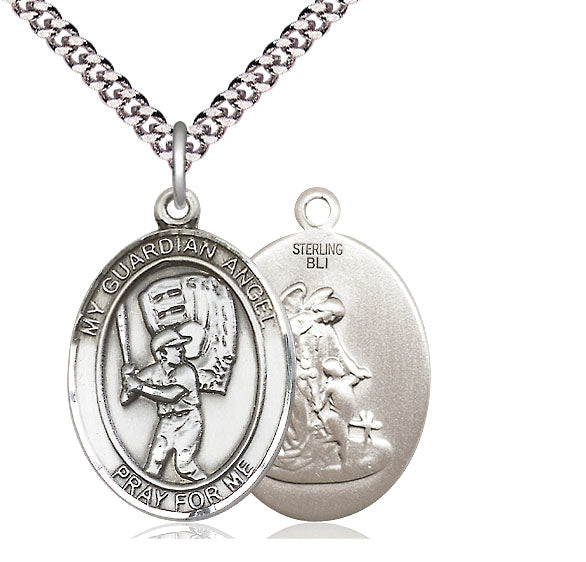Baseball / Guardian Angel Medal, Sterling Silver, 3/4", Your Choice of Chain, # 8036
