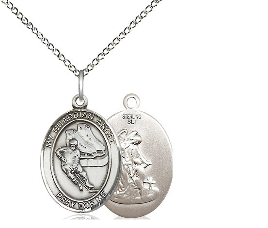 Ice Hockey / Guardian Angel Medal, Sterling Silver, 3/4", Your Choice of Chain, # 8040
