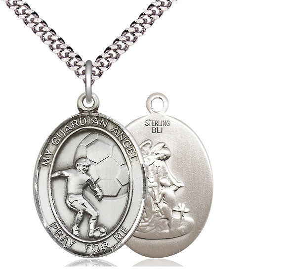 Soccer / Guardian Angel Medal, Sterling Silver, 3/4", Your Choice of Chain, # 8041