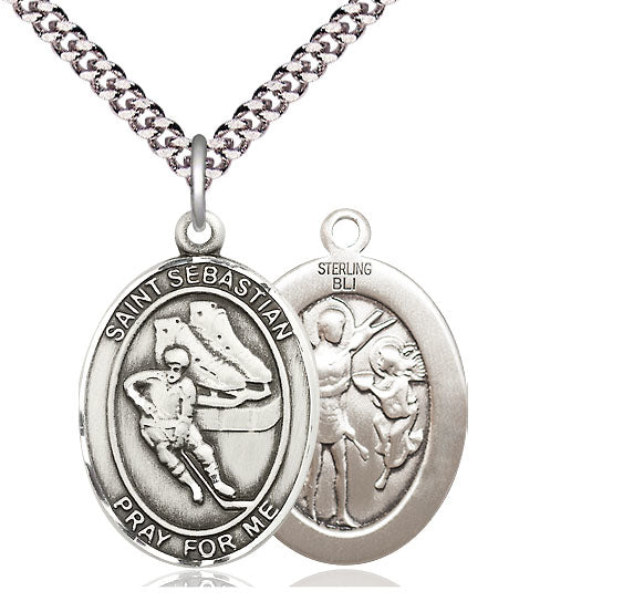 Ice Hockey / St. Sebastian Medal, Sterling Silver, 3/4", Your Choice of Chain, # 8057