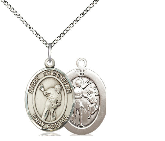 Lacrosse / St. Sebastian Medal, Sterling Silver, 3/4", Your Choice of Chain, # 8059