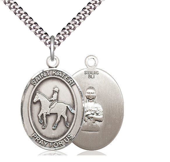 Equestrian / St. Kateri Medal, Sterling Silver, 3/4", Your Choice of Chain, # 8074