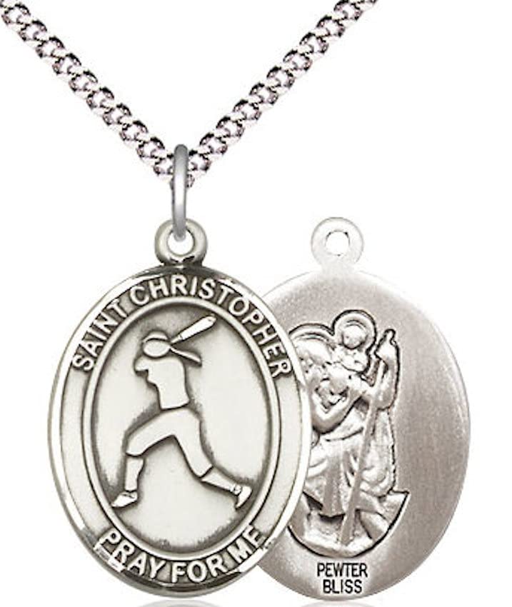 Lady's Softball / St. Christopher Medal in Fine Pewter, 3/4", Your Choice of Chain # 17392