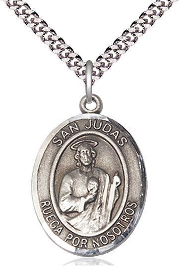 San Judas Spanish Medal, Sterling Silver, 1" Oval, Your Choice of Chain, # 8115