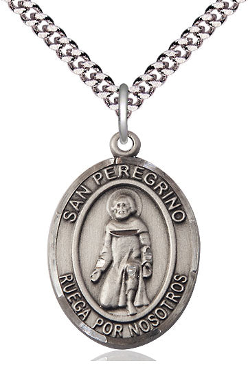 San Peregrino Spanish Medal, Sterling Silver, 3/4" Oval, Your Choice of Chain, # 8133