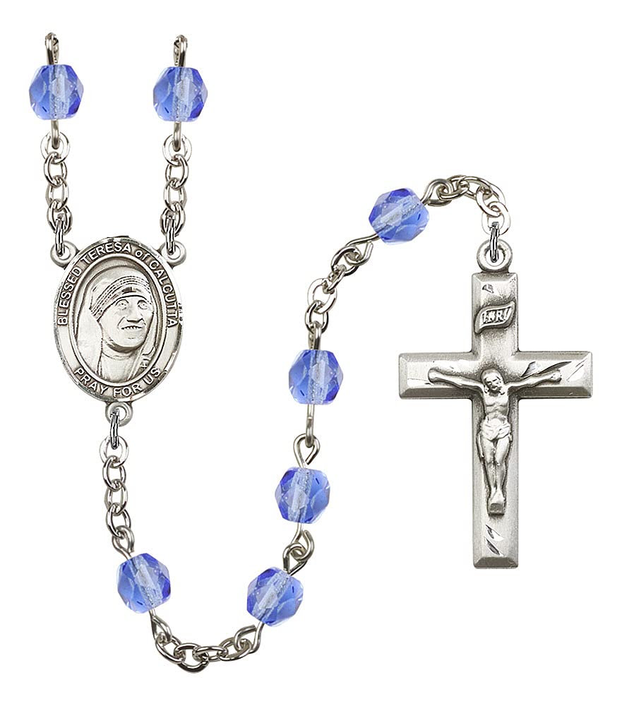 6mm Fire Polished Silver Plate St. Teresa of Calcutta Rosary, Sapphire, # 66117