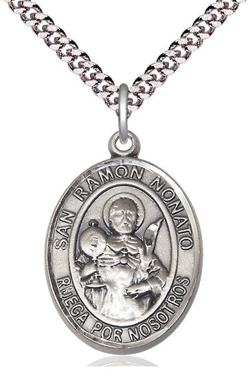 San Ramon Nonato Spanish Medal, Sterling Silver, 3/4" Oval, Your Choice of Chain, # 8156
