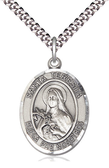 Santa Teresita Spanish Medal, Sterling Silver, 3/4" Oval, Your Choice of Chain, # 8170
