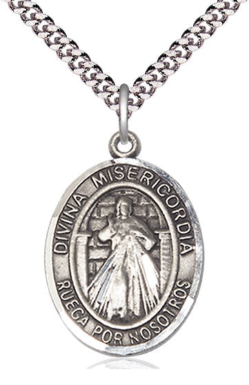 Divina Misericordia Spanish Medal, Sterling Silver, 1" Oval, Your Choice of Chain, # 8189