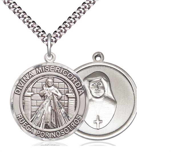 Divina Misericordia Spanish Medal, Sterling Silver, 3/4" Round, Your Choice of Chain, # 8190